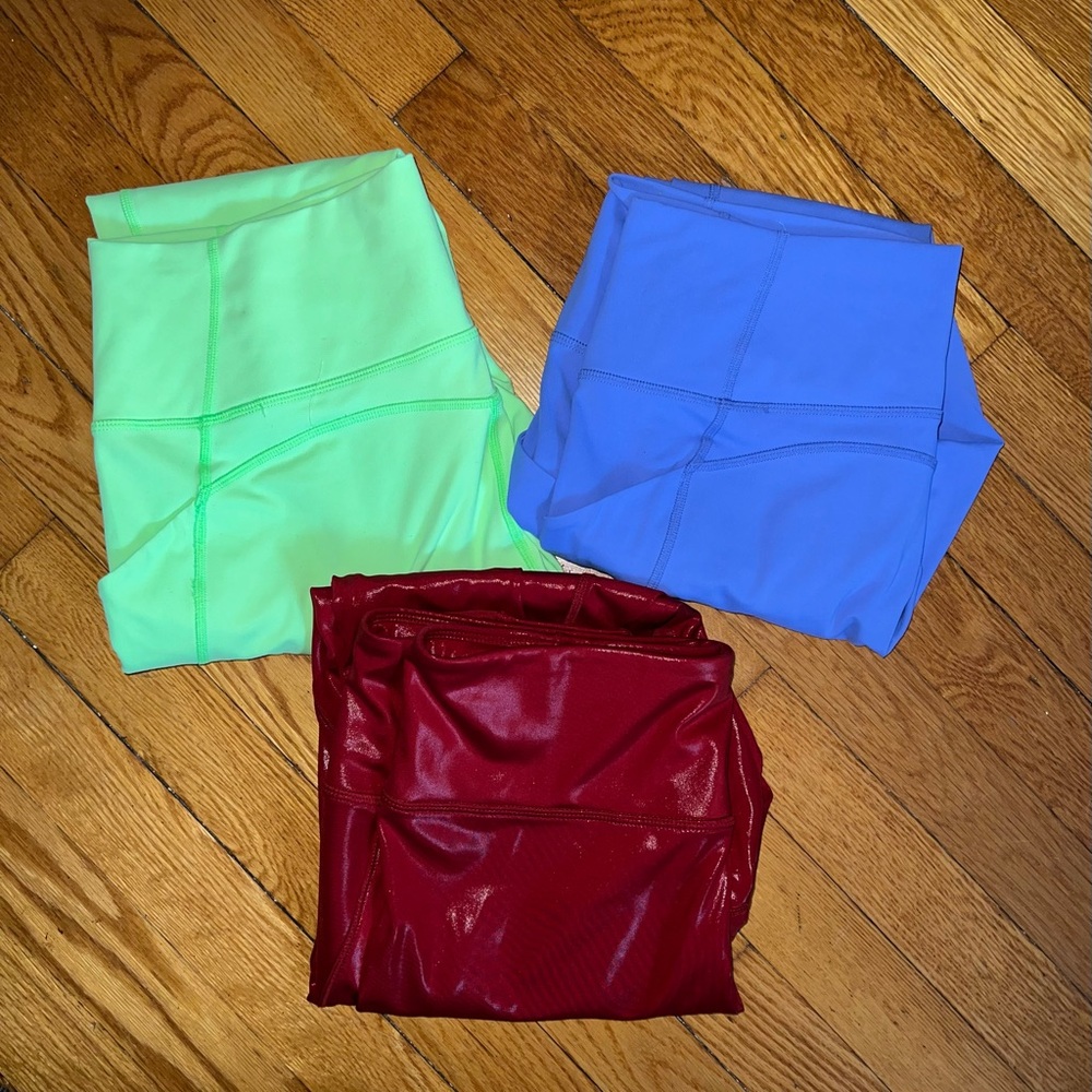 Fabletics Leggings Trio - Lime Green, Cornflower Blue & Red